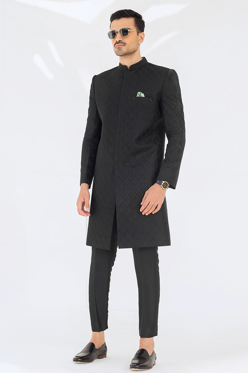 Black Embroidered Raw Silk Sherwani (2-Piece) - Image 3