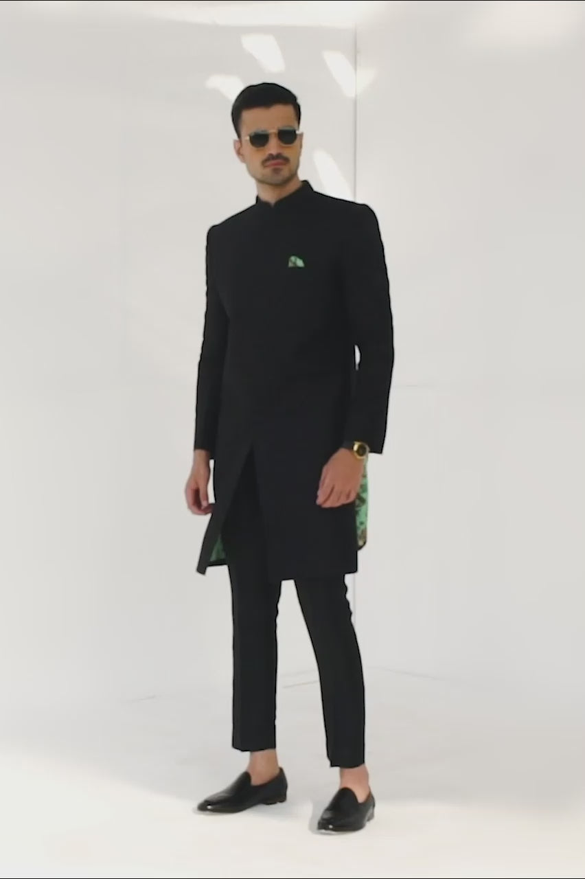 Black Embroidered Raw Silk Sherwani (2-Piece) - Image 4