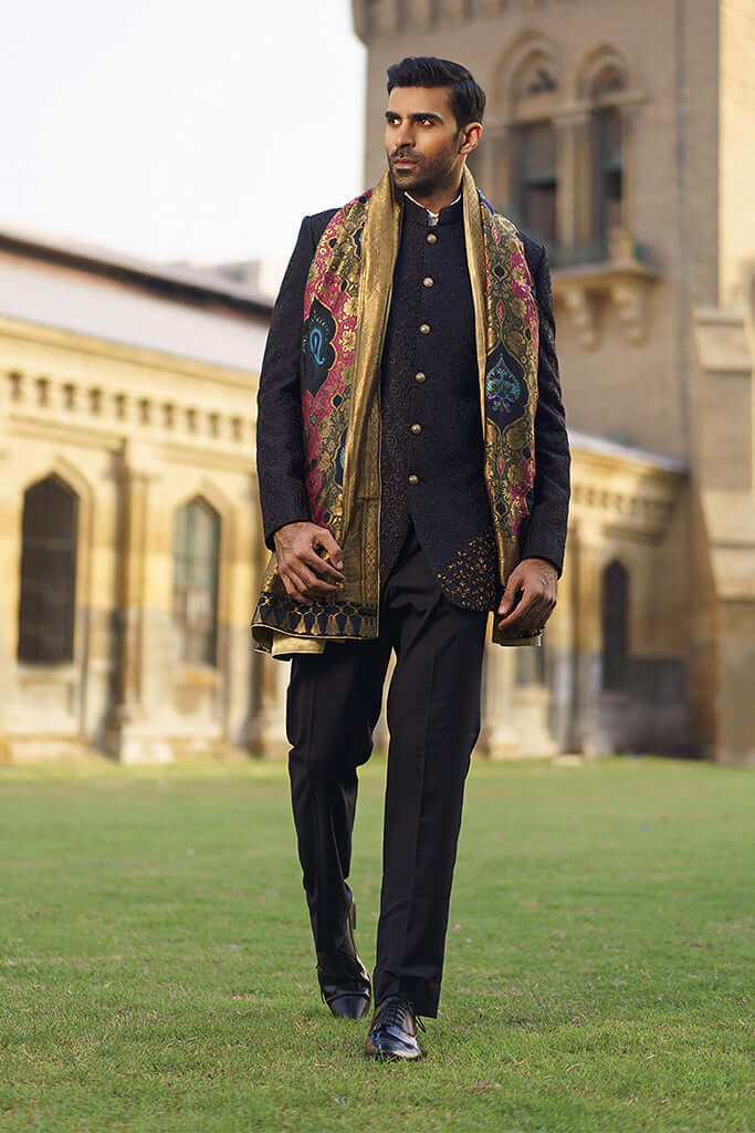 Black Zardozi Raw Silk Achkan Sherwani (3-Piece) - Image 1