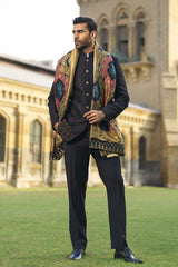 Black Zardozi Raw Silk Achkan Sherwani (3-Piece) - Image 4