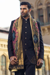 Black Zardozi Raw Silk Achkan Sherwani (3-Piece) - Image 5