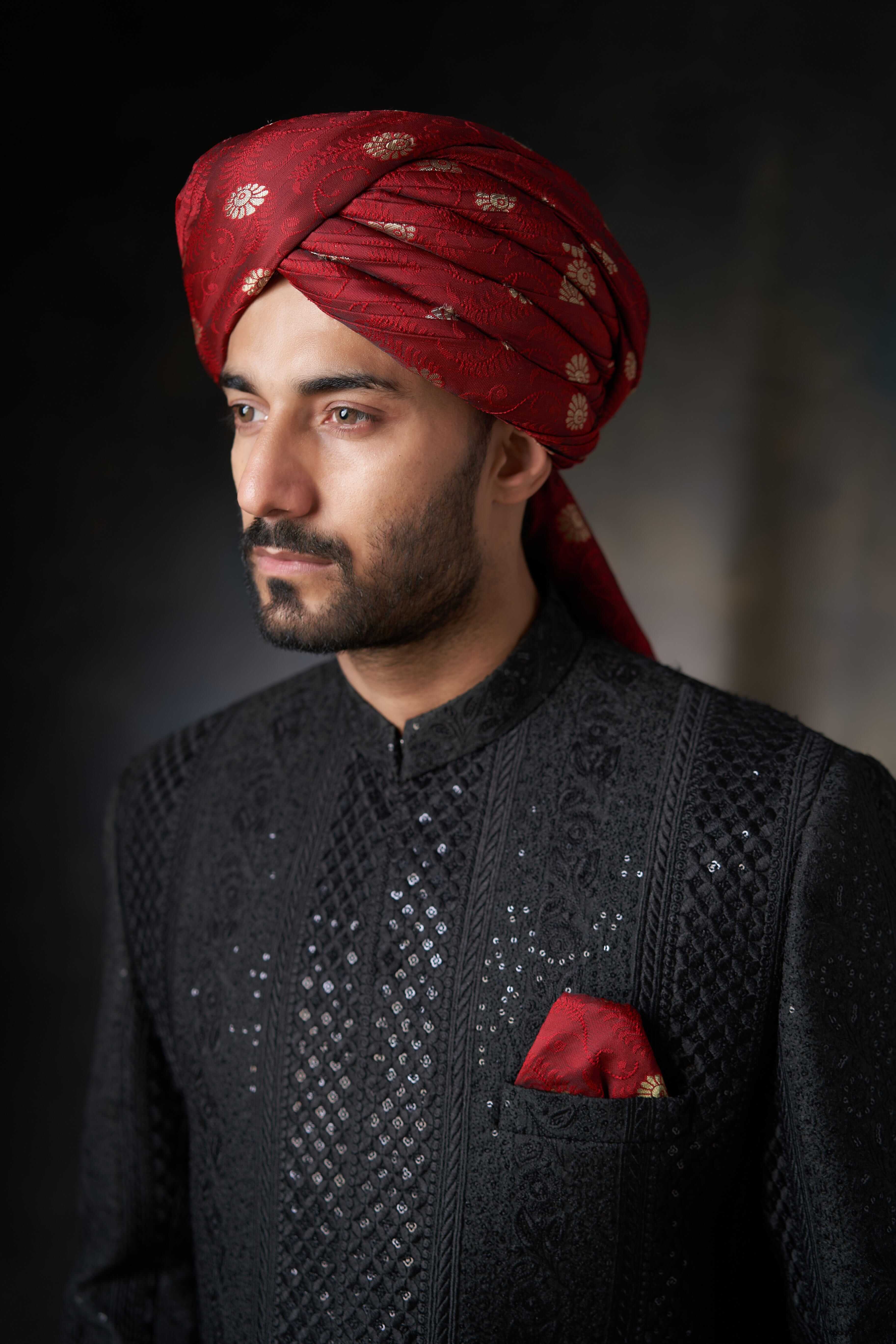Jet Black Embroidered Sequin Pure Rawsilk Sherwani (3-Piece) - Image 2