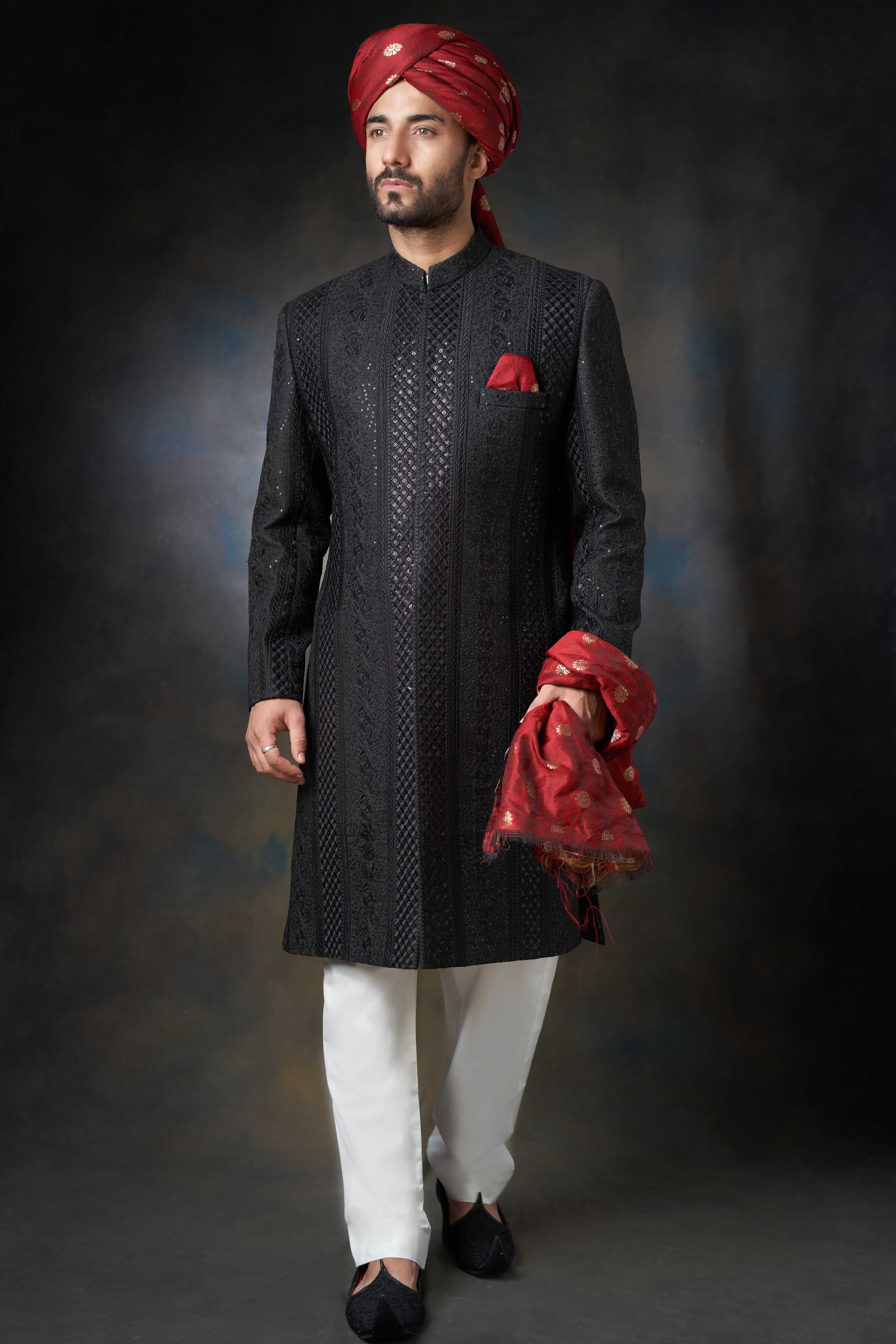 Jet Black Embroidered Sequin Pure Rawsilk Sherwani (3-Piece) - Image 3