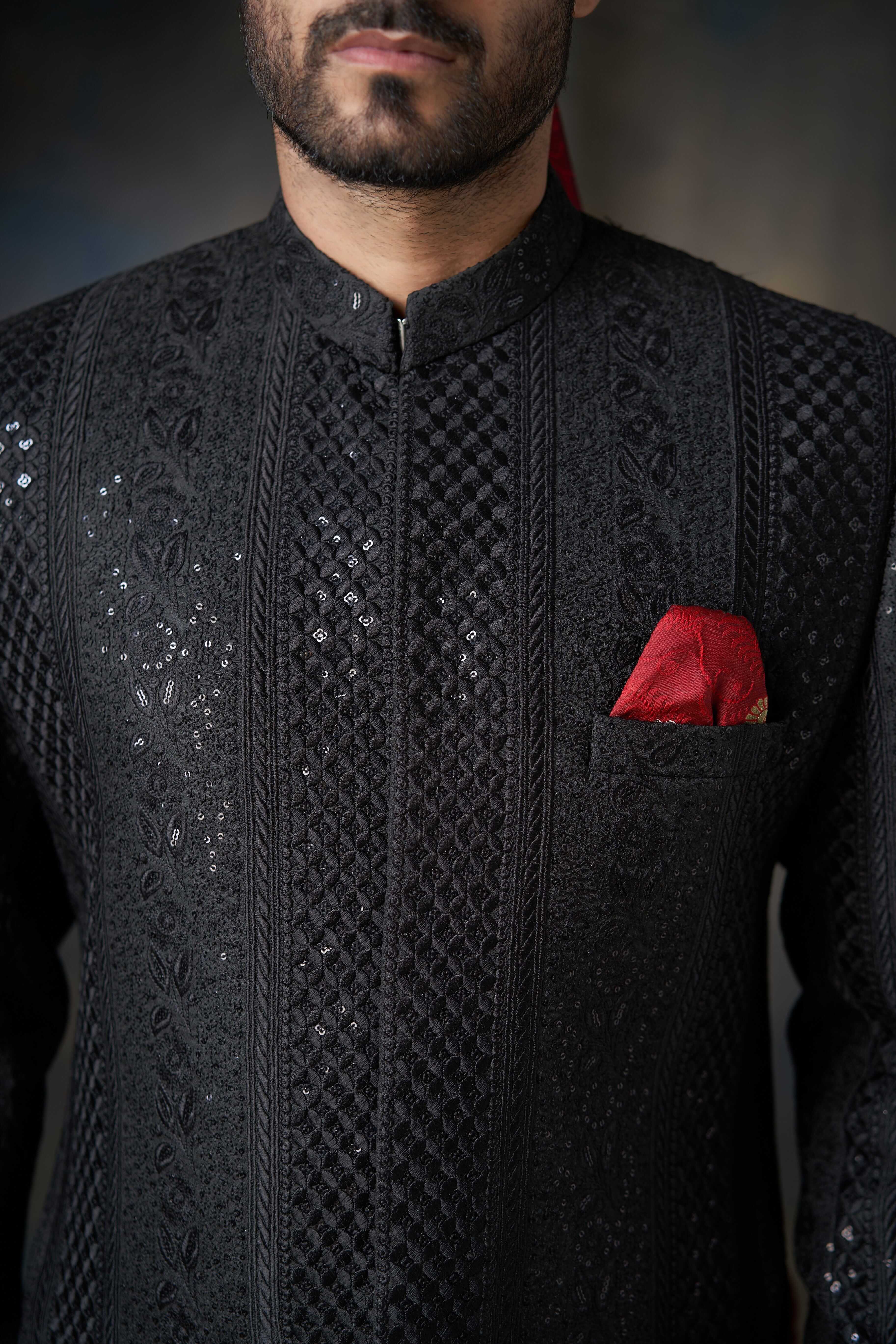 Jet Black Embroidered Sequin Pure Rawsilk Sherwani (3-Piece) - Image 4