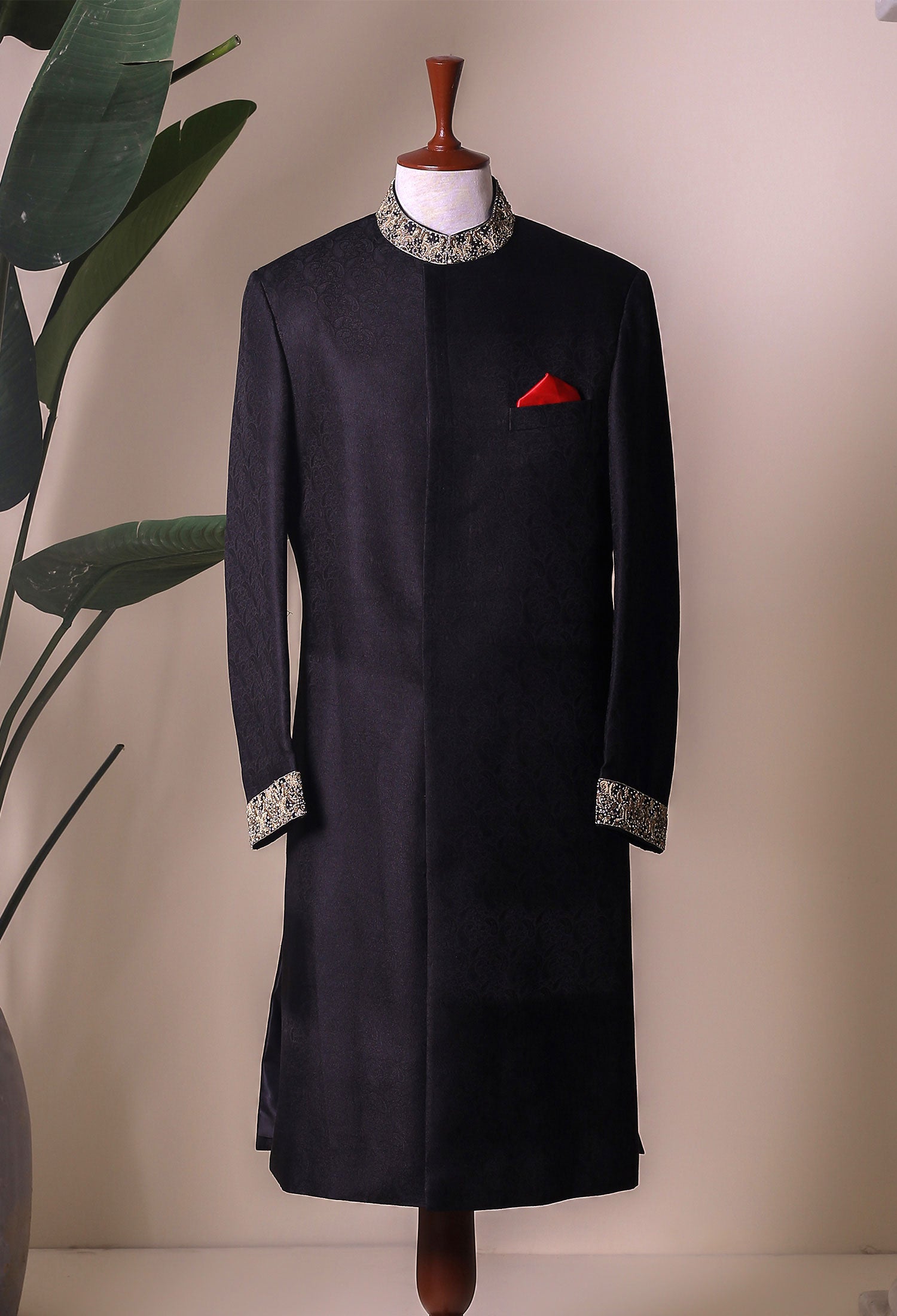 Jet Black Embroidered Self Jamawar Sherwani (2-Piece) - Image 1
