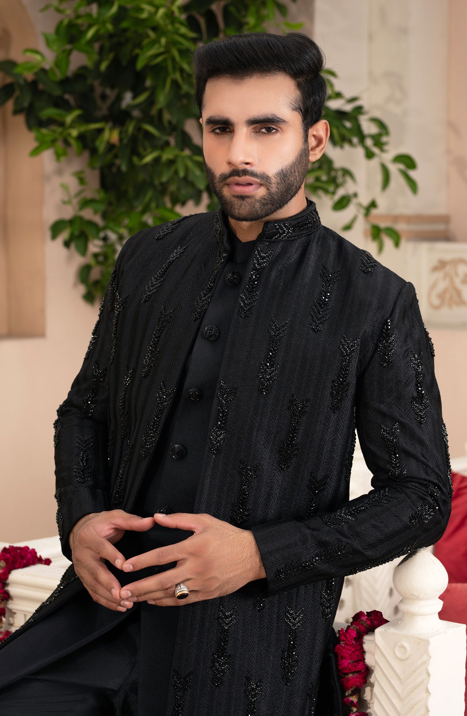 Black Embroidered Silk Sherwani Set (2-Piece) - Image 2