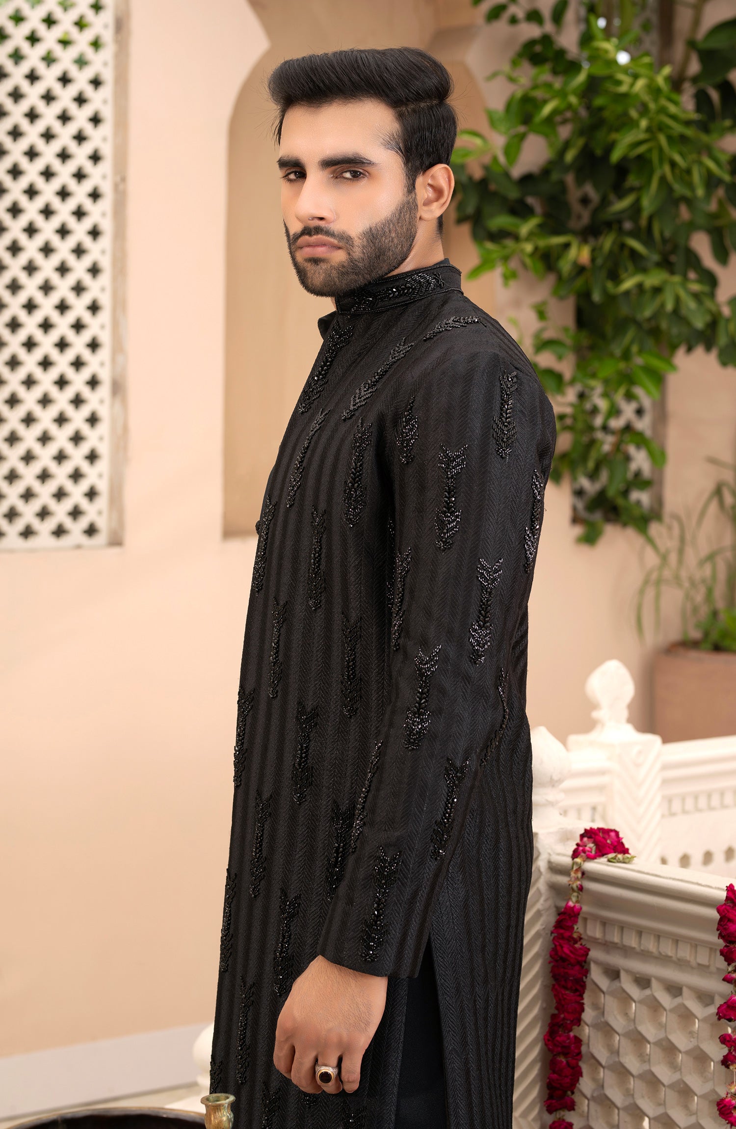 Black Embroidered Silk Sherwani Set (2-Piece) - Image 4