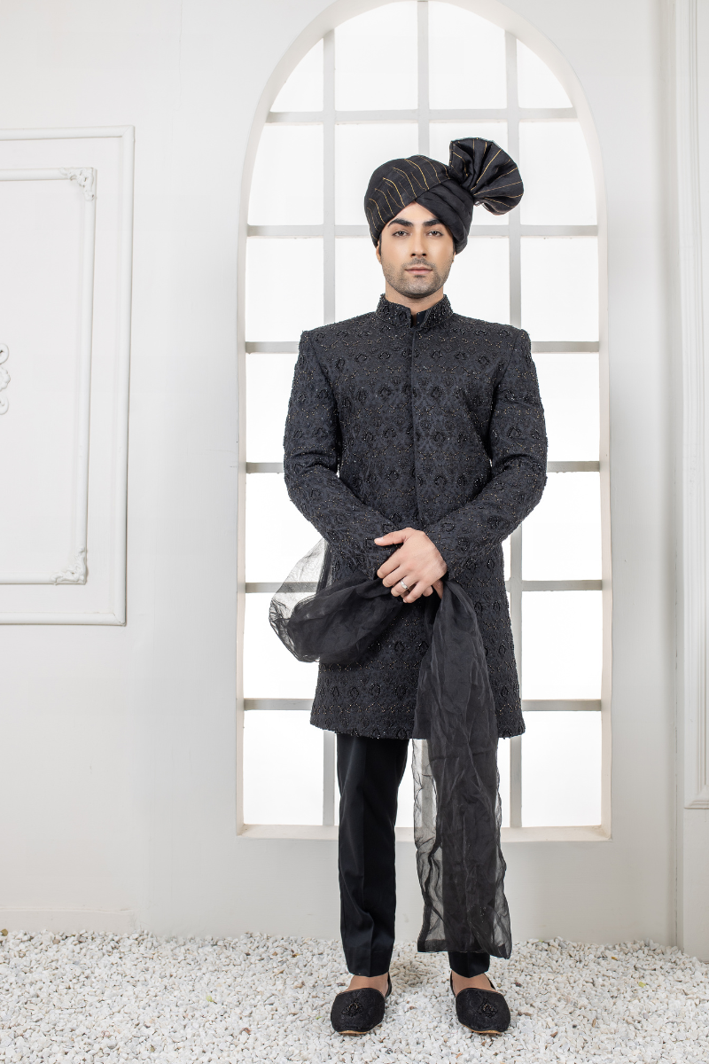 Black Embroidered Silk-Blend Achkan Sherwani (3-Piece) - Image 1