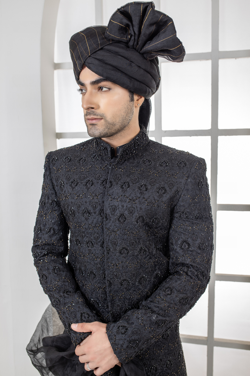 Black Embroidered Silk-Blend Achkan Sherwani (3-Piece) - Image 2