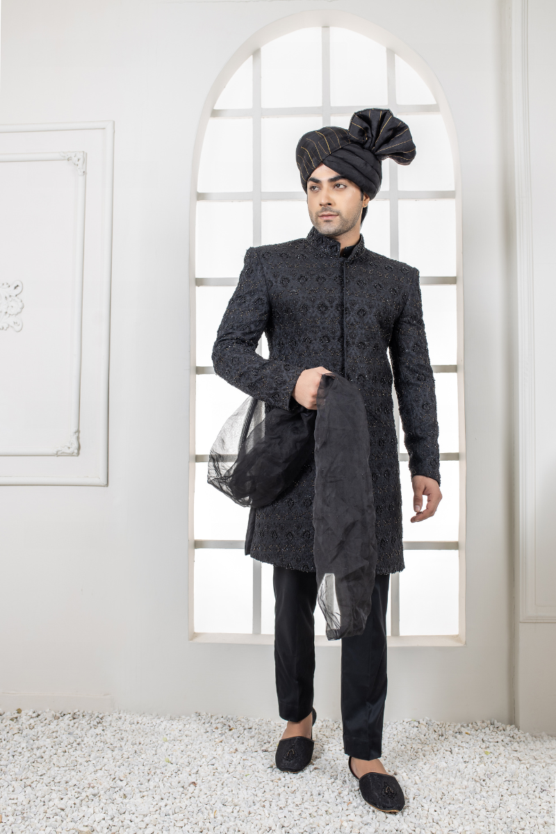 Black Embroidered Silk-Blend Achkan Sherwani (3-Piece) - Image 3
