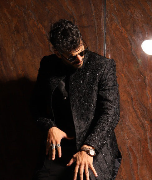 Black Embroidered Silk-Blend Achkan Sherwani (2-Piece) - Image 1