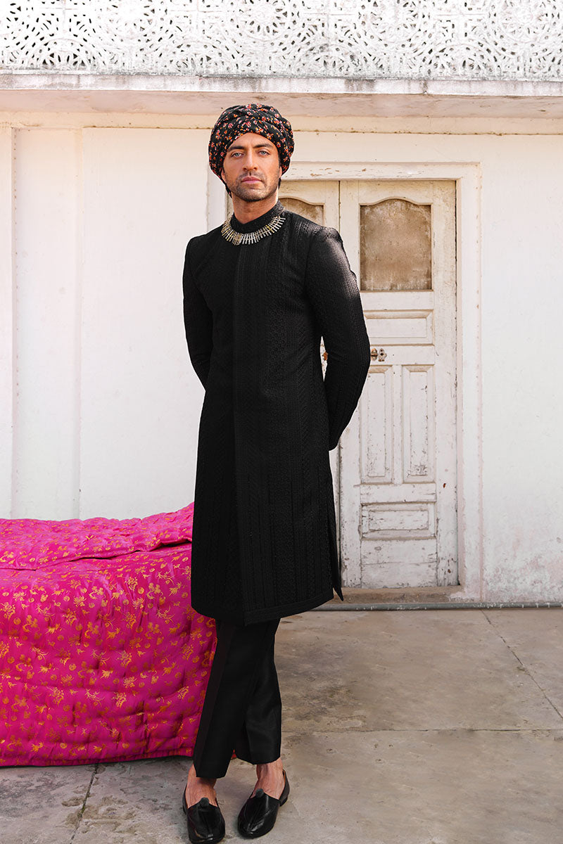 Carbon Black Embroidered Silk-Blend Achkan Sherwani (3-Piece) - Image 1