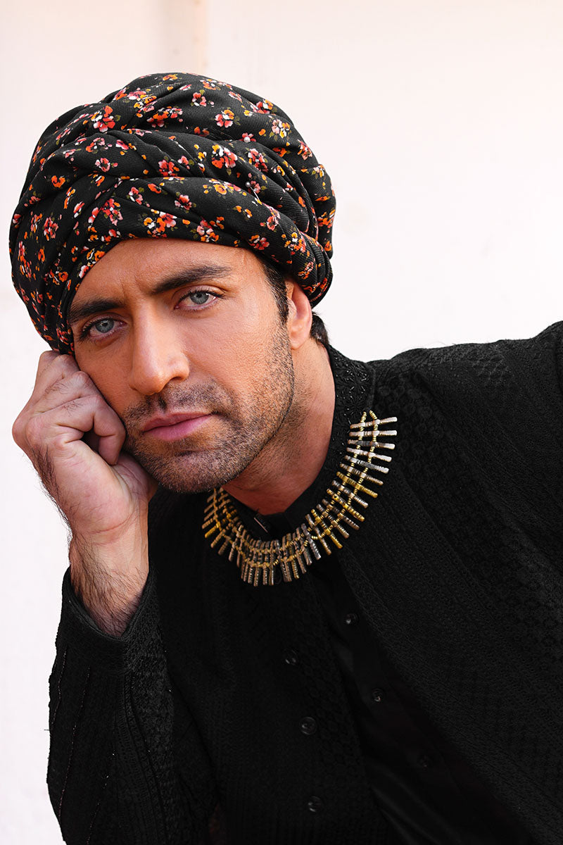 Carbon Black Embroidered Silk-Blend Achkan Sherwani (3-Piece) - Image 3