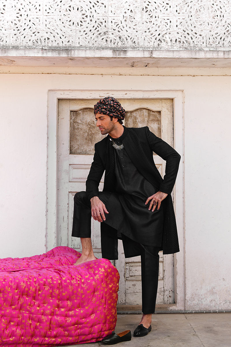 Carbon Black Embroidered Silk-Blend Achkan Sherwani (3-Piece) - Image 4