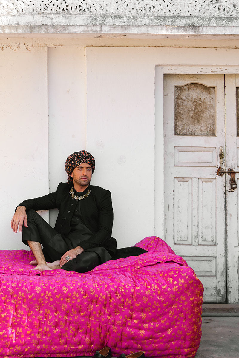 Carbon Black Embroidered Silk-Blend Achkan Sherwani (3-Piece) - Image 5