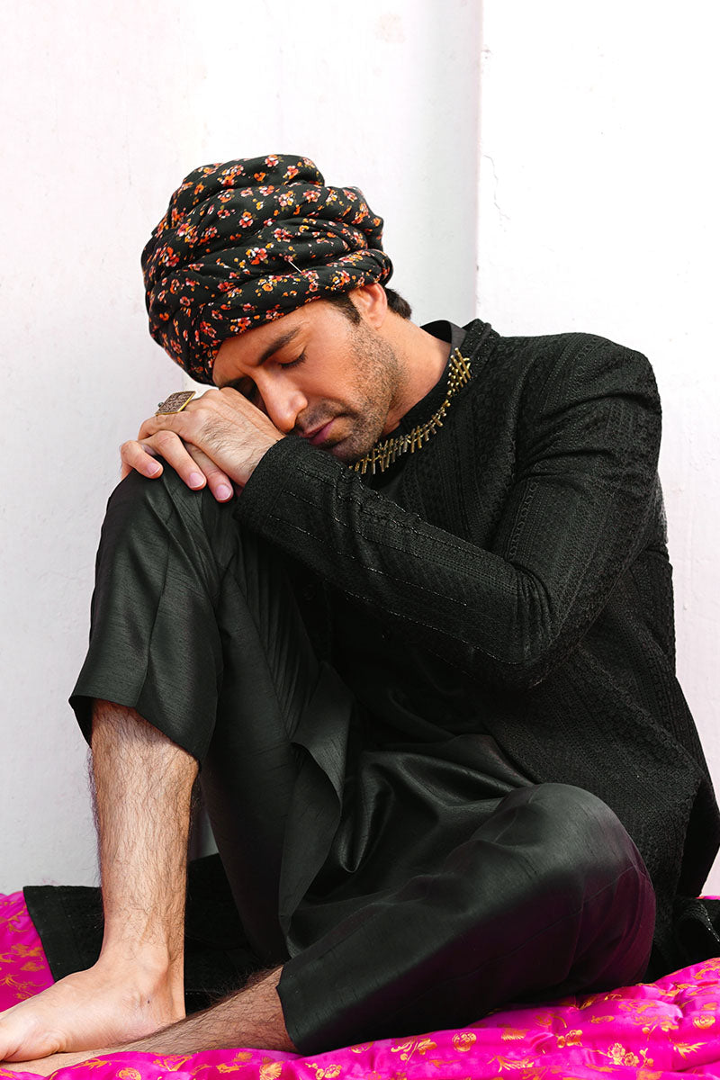 Carbon Black Embroidered Silk-Blend Achkan Sherwani (3-Piece) - Image 6