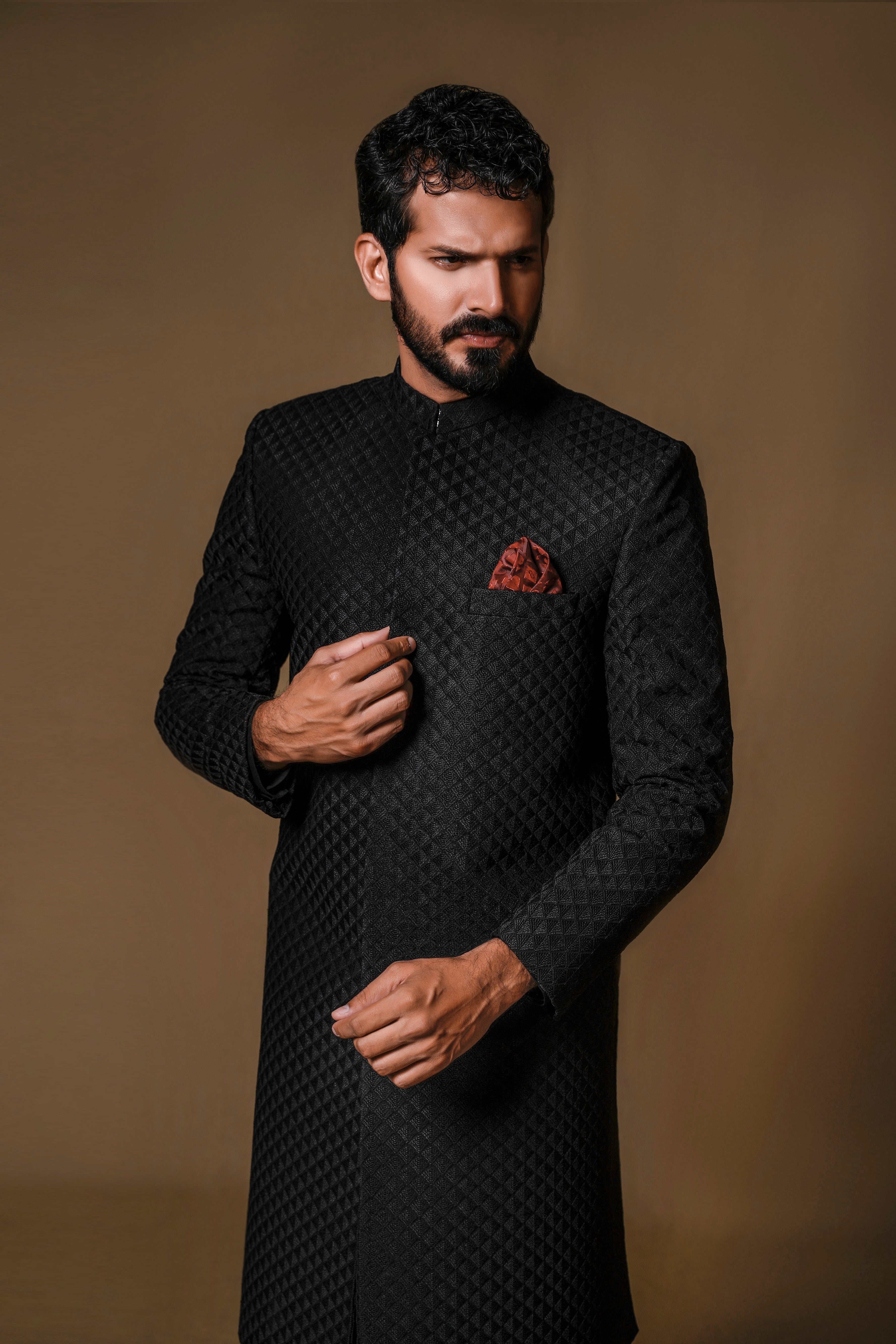 Black Geometric Embroidered Silk-Blend Achkan Sherwani (2-Piece) - Image 1
