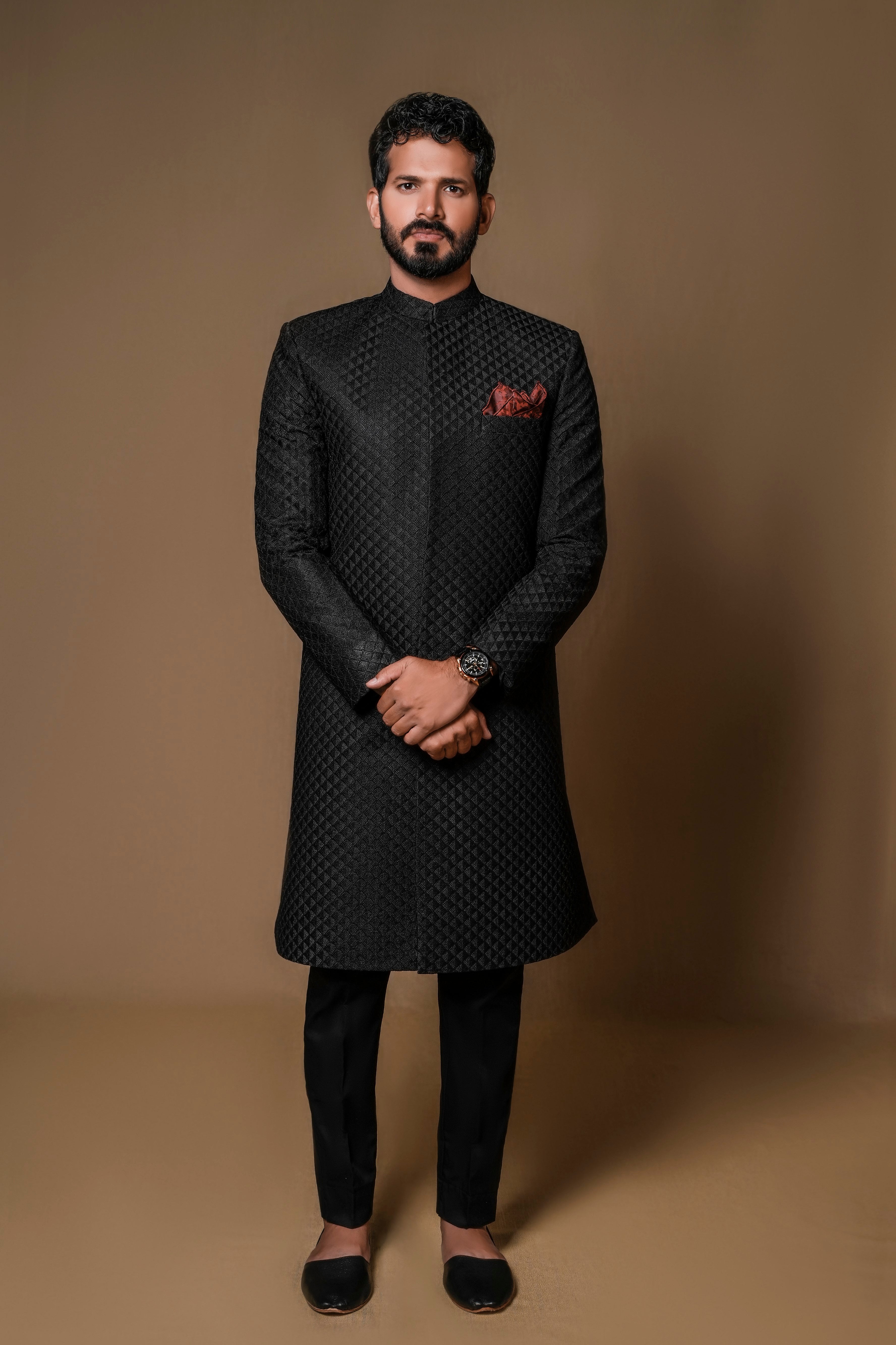 Black Geometric Embroidered Silk-Blend Achkan Sherwani (2-Piece) - Image 2