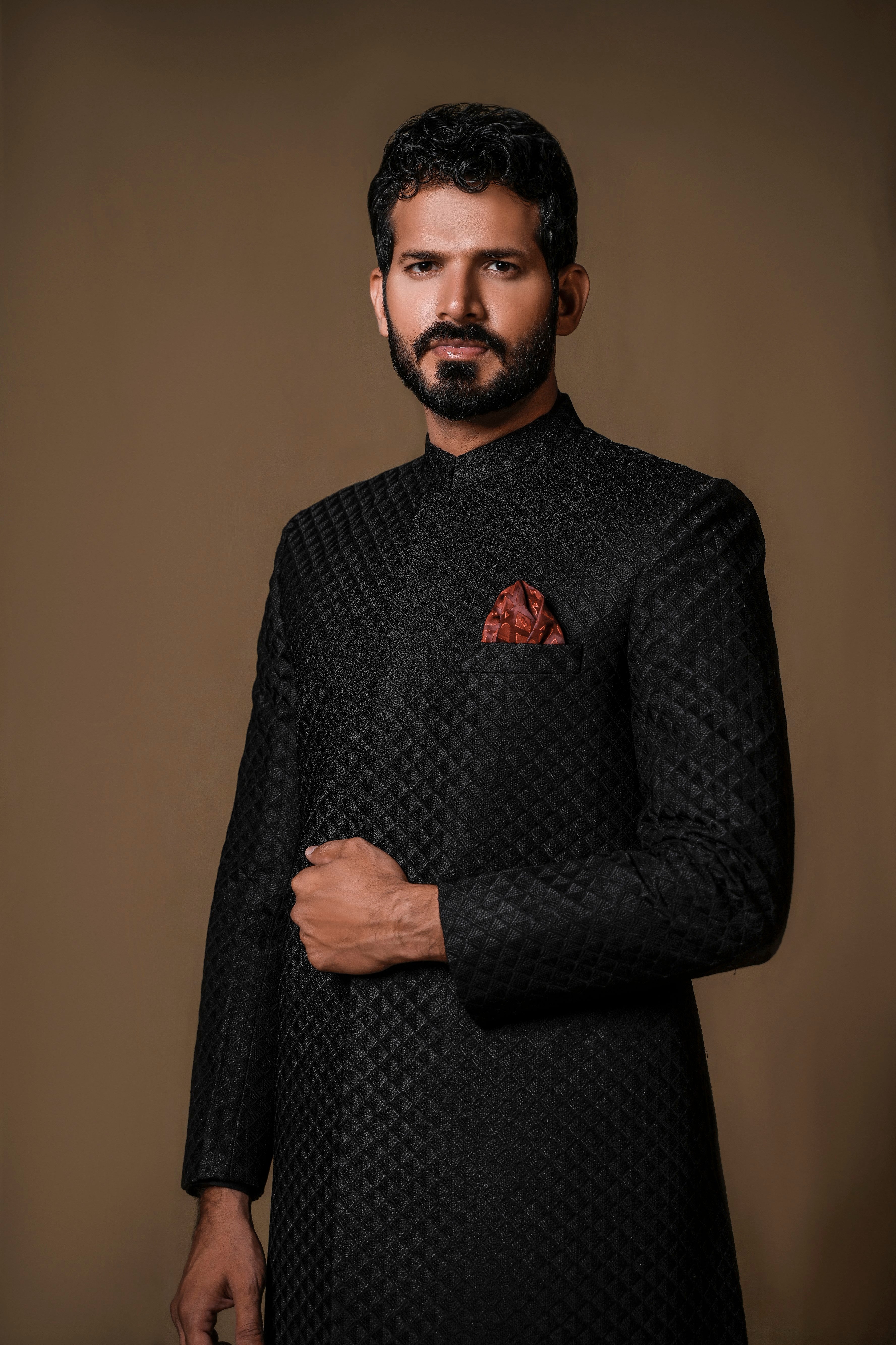 Black Geometric Embroidered Silk-Blend Achkan Sherwani (2-Piece) - Image 3