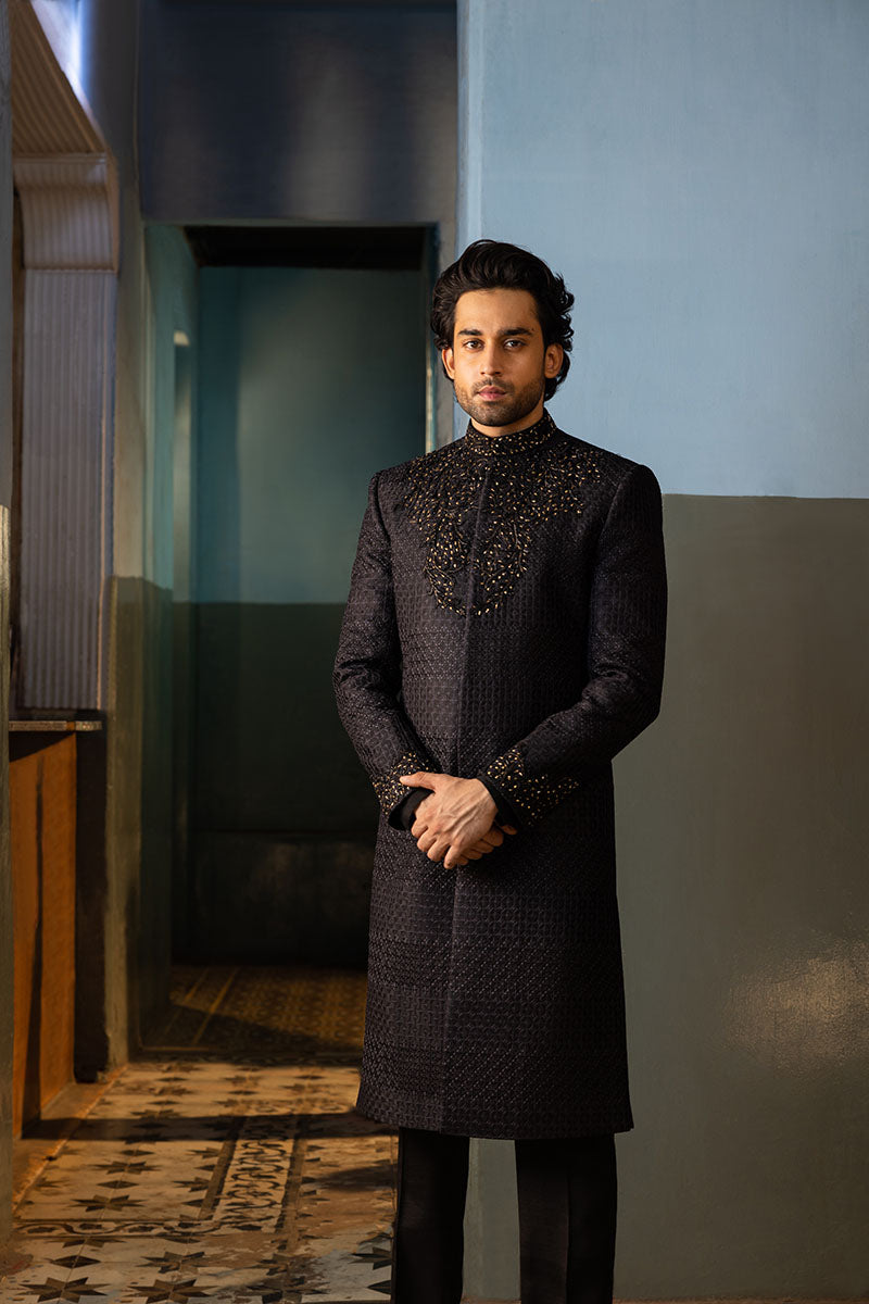 Black Baroque Embroidered Silk-Blend Sherwani (2-Piece) - Image 1