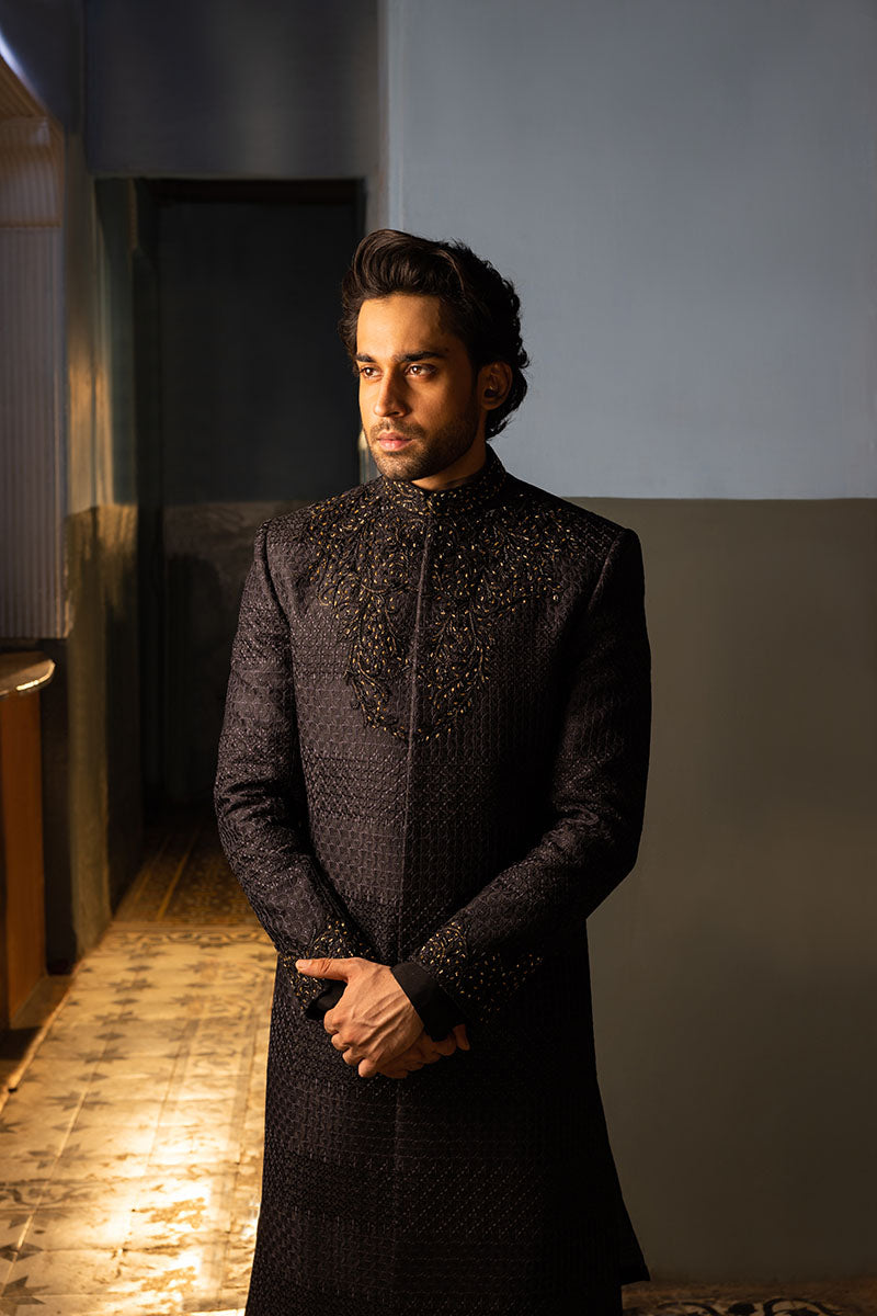 Black Baroque Embroidered Silk-Blend Sherwani (2-Piece) - Image 2