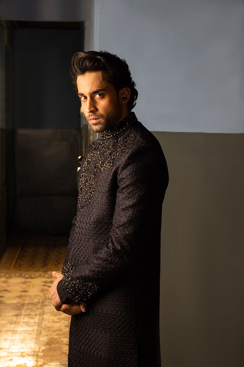Black Baroque Embroidered Silk-Blend Sherwani (2-Piece) - Image 4