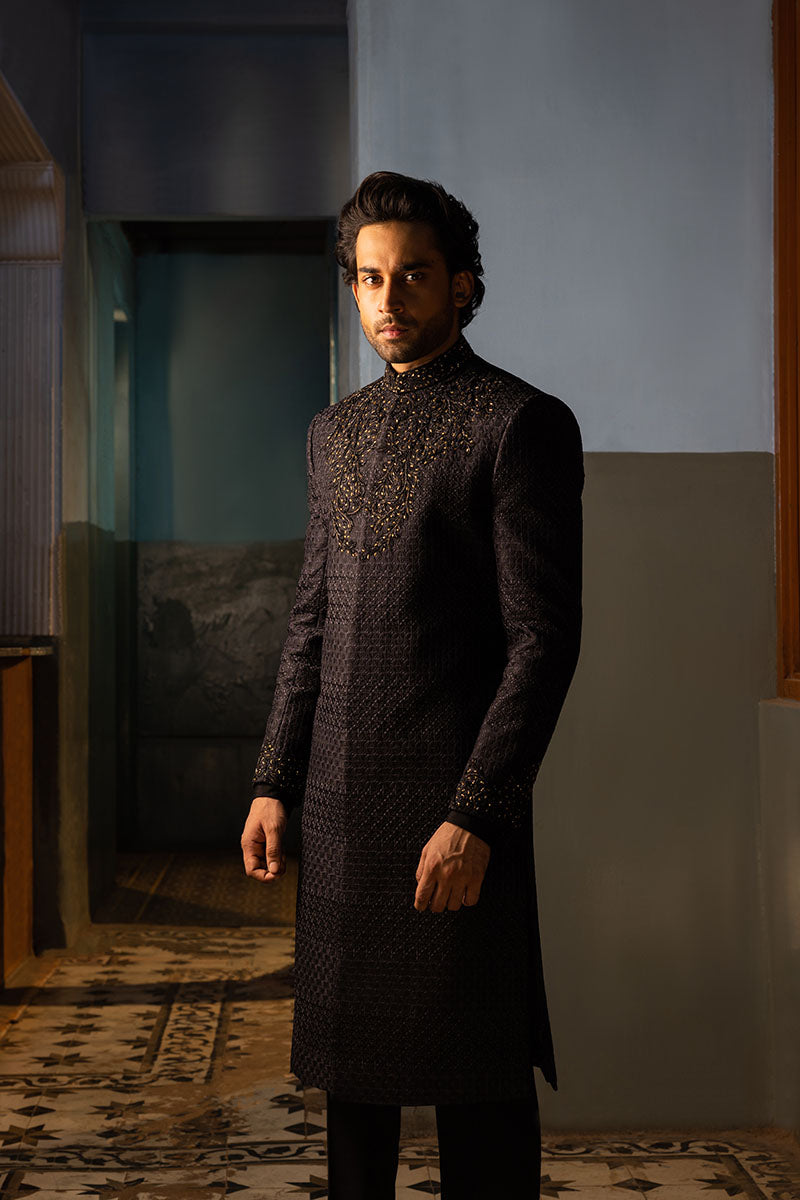 Black Baroque Embroidered Silk-Blend Sherwani (2-Piece) - Image 7