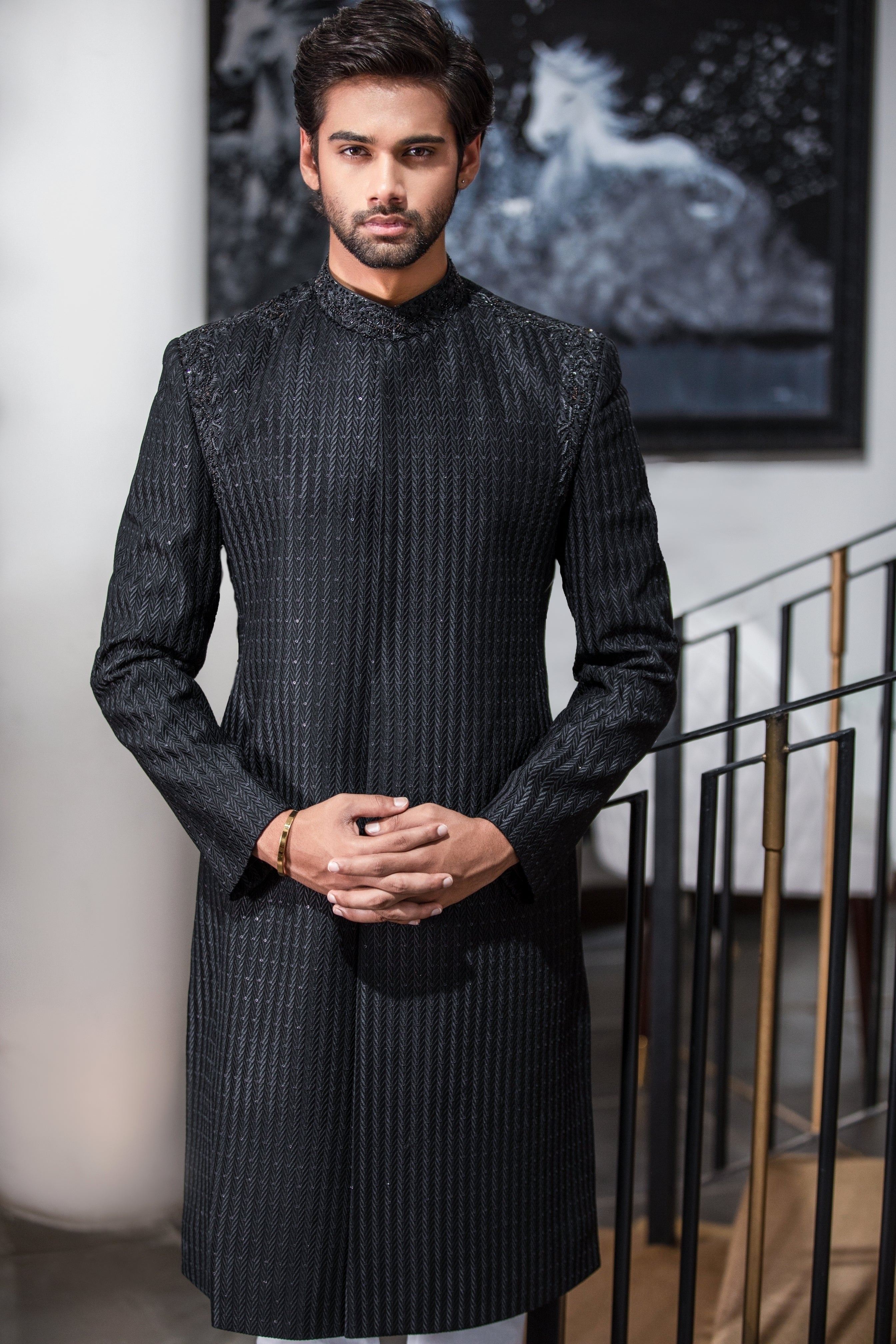 Black Hand-Embroidered Silk-Blend Sherwani (2-Piece) - Image 1