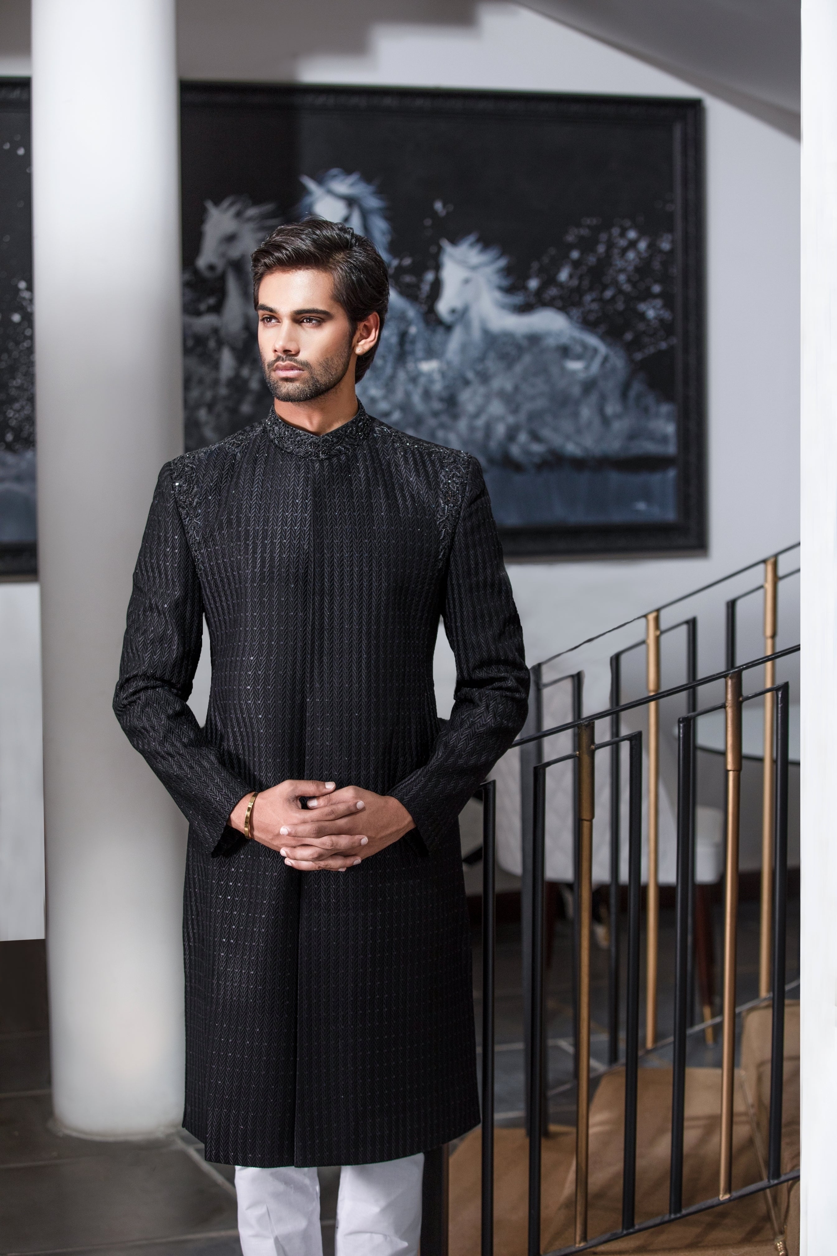 Black Hand-Embroidered Silk-Blend Sherwani (2-Piece) - Image 2
