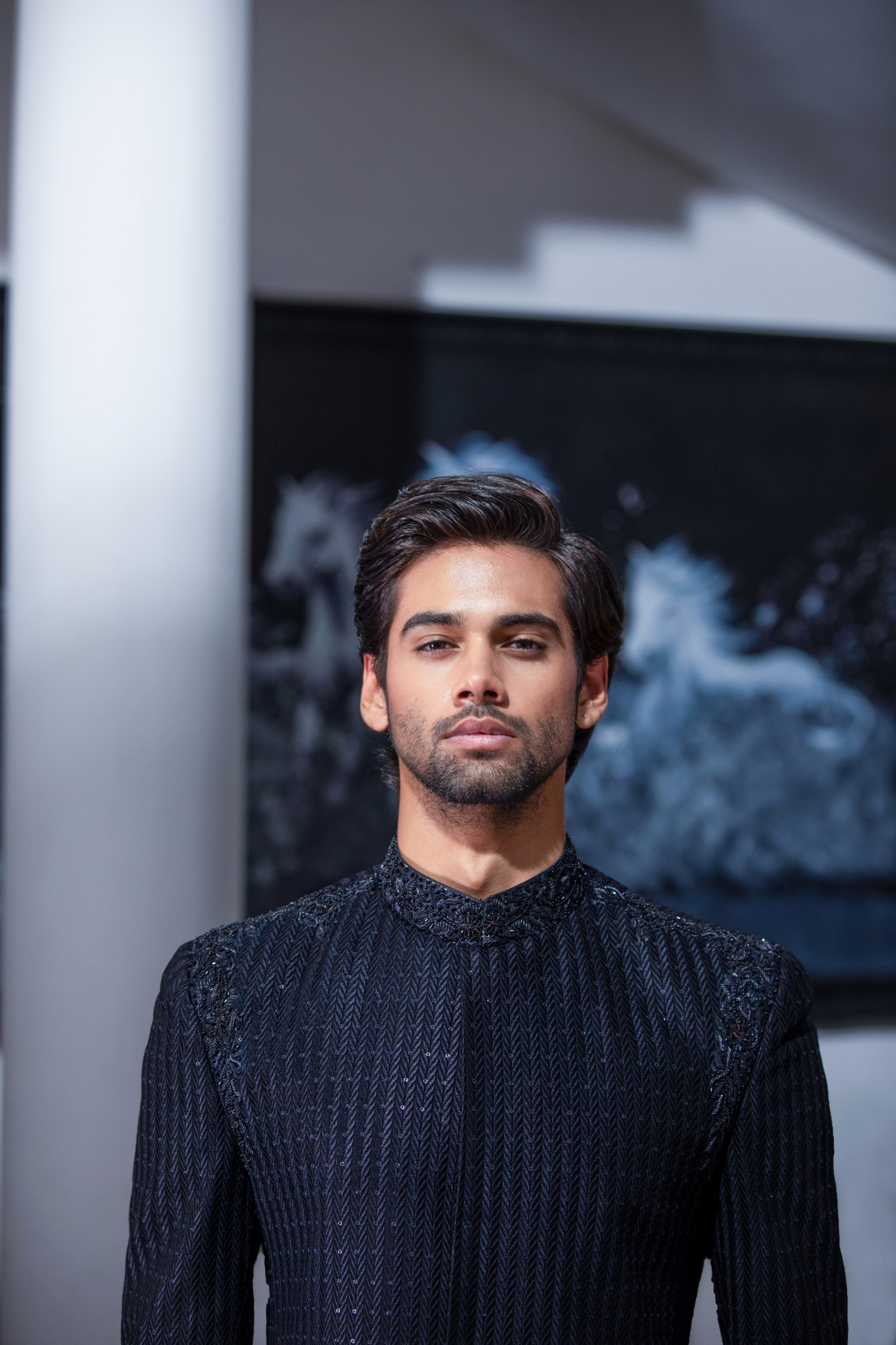 Black Hand-Embroidered Silk-Blend Sherwani (2-Piece) - Image 3