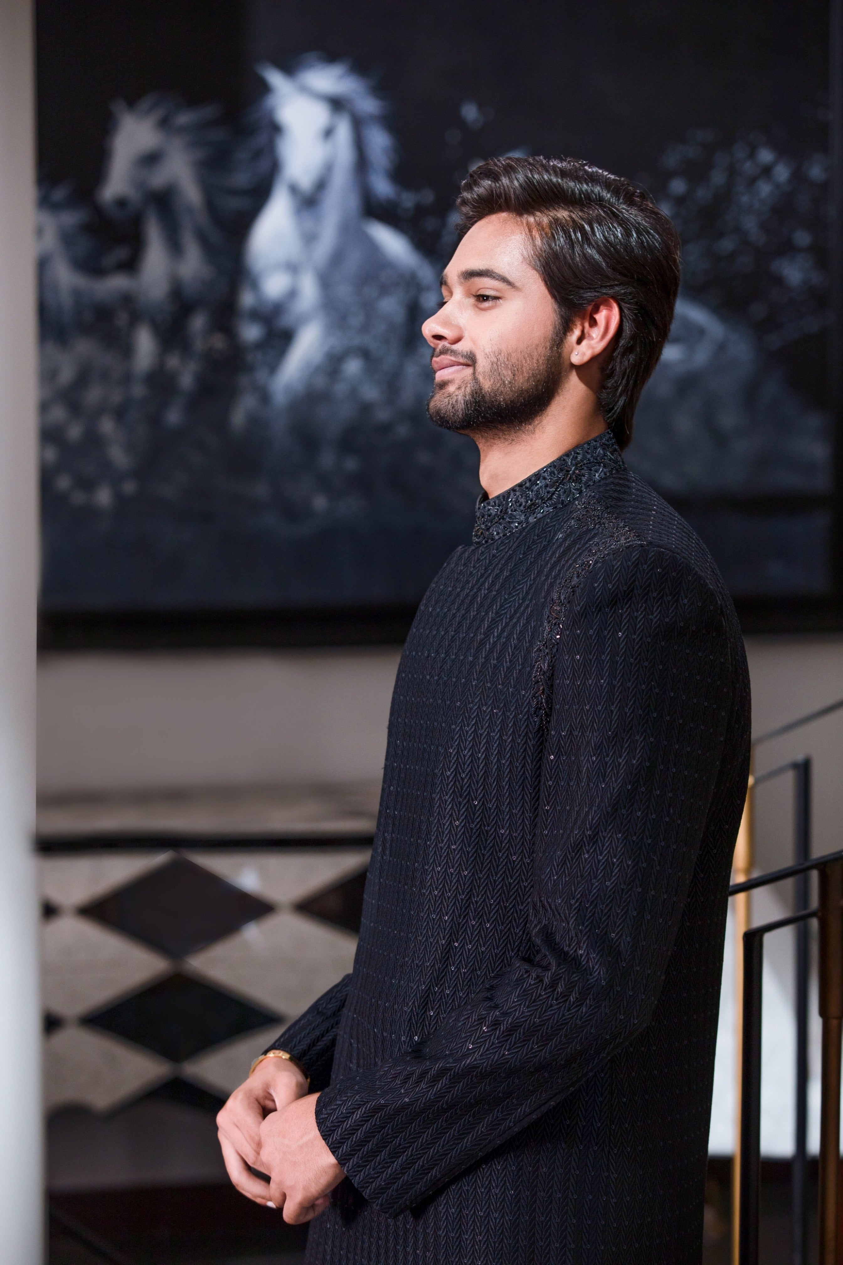 Black Hand-Embroidered Silk-Blend Sherwani (2-Piece) - Image 5