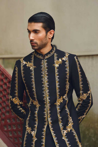 Black Gold Embroidered Silk-Blend Achkan Sherwani (2-Piece) - Image 2
