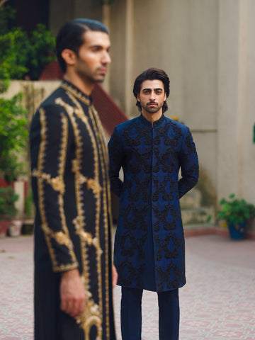 Black Gold Embroidered Silk-Blend Achkan Sherwani (2-Piece) - Image 3