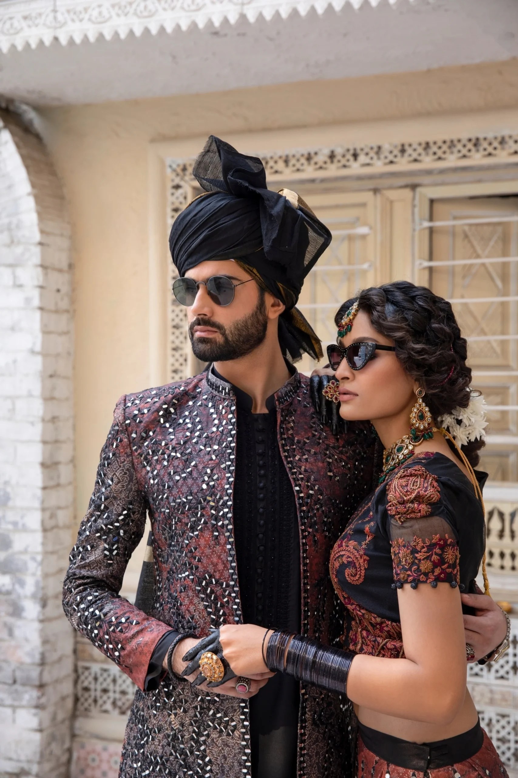 Black Mirror Work Silk-Blend Achkan Sherwani (2-Piece) - Image 1