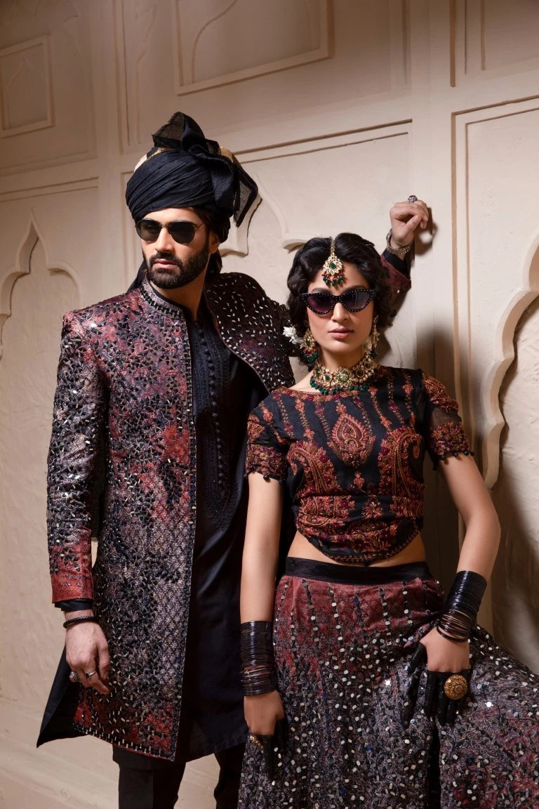 Black Mirror Work Silk-Blend Achkan Sherwani (2-Piece) - Image 2