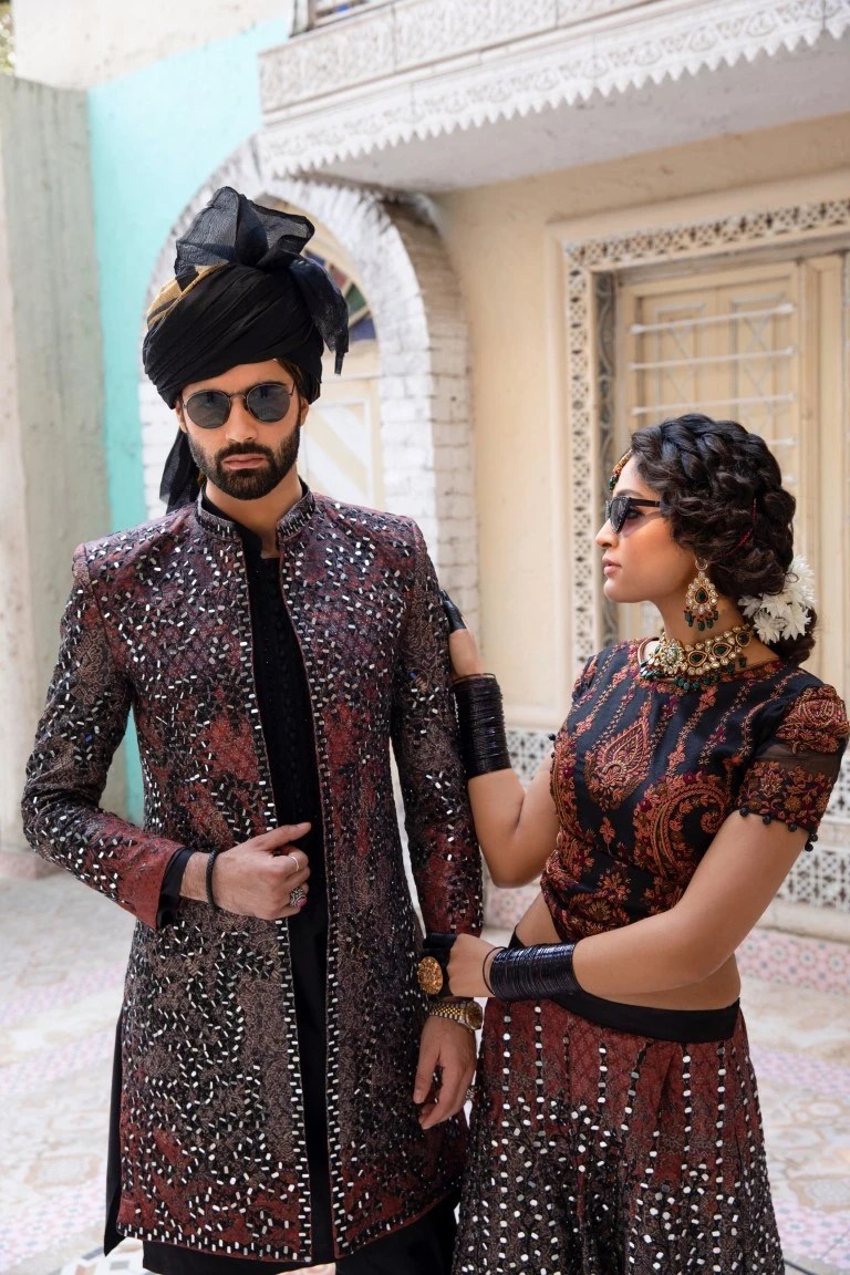 Black Mirror Work Silk-Blend Achkan Sherwani (2-Piece) - Image 3