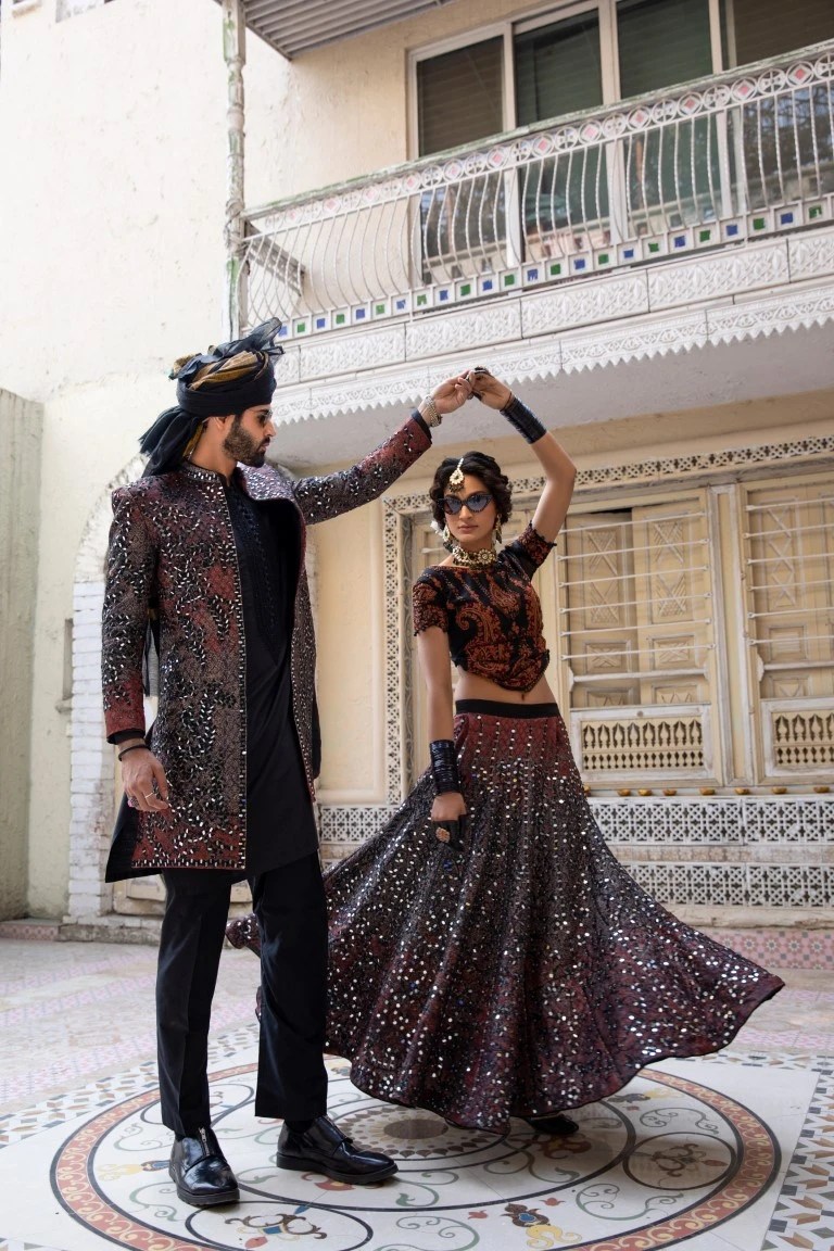 Black Mirror Work Silk-Blend Achkan Sherwani (2-Piece) - Image 4