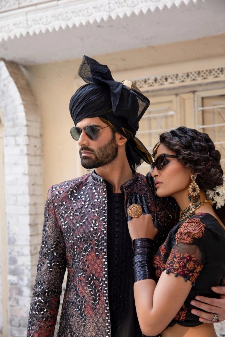 Black Mirror Work Silk-Blend Achkan Sherwani (2-Piece) - Image 5