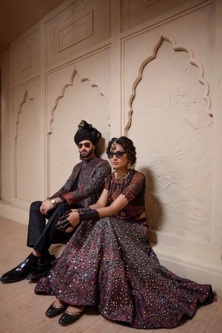 Black Mirror Work Silk-Blend Achkan Sherwani (2-Piece) - Image 6