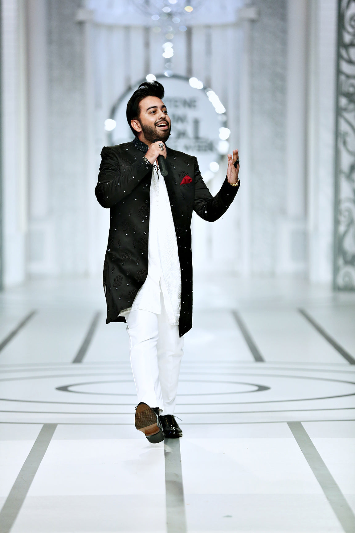 Black Mirror Work Silk-Blend Short Sherwani (3-Piece) - Image 2