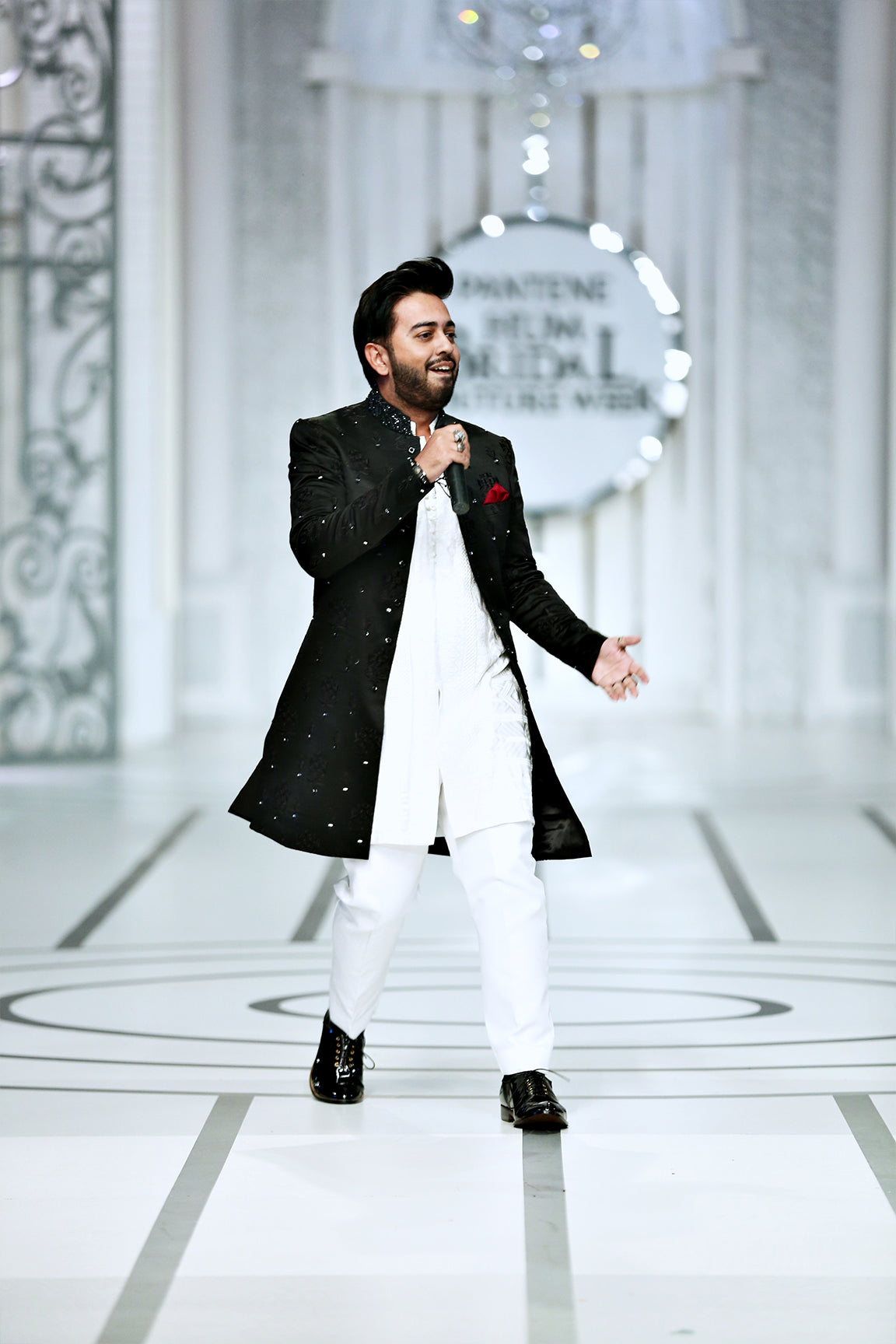 Black Mirror Work Silk-Blend Short Sherwani (3-Piece) - Image 3