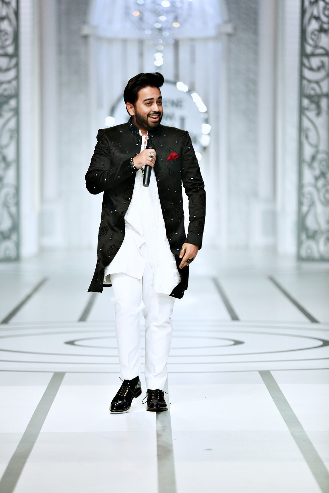 Black Mirror Work Silk-Blend Short Sherwani (3-Piece) - Image 4