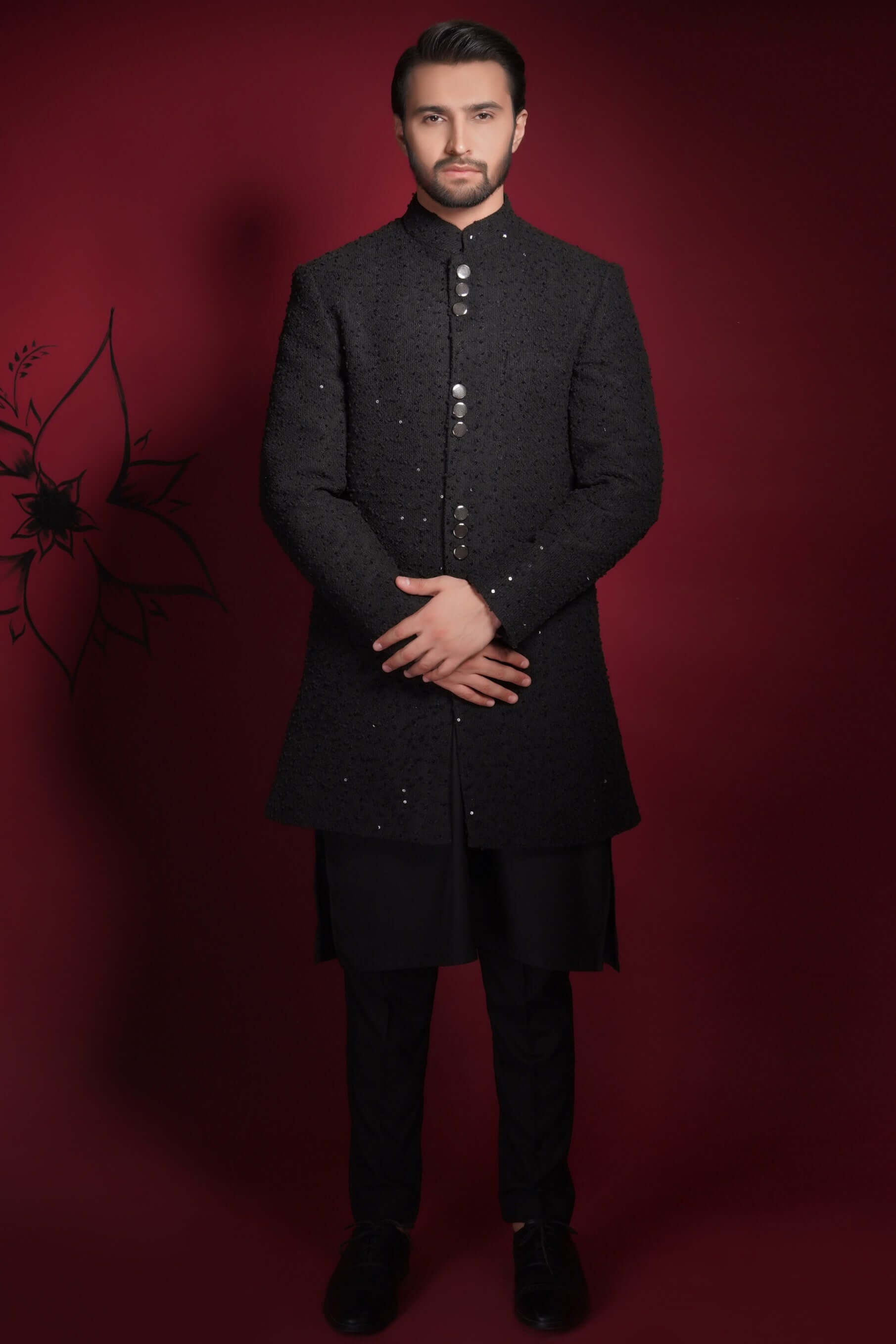 Jet Black Sequined Embroidered Silk-Blend Sherwani (3-Piece) - Image 1