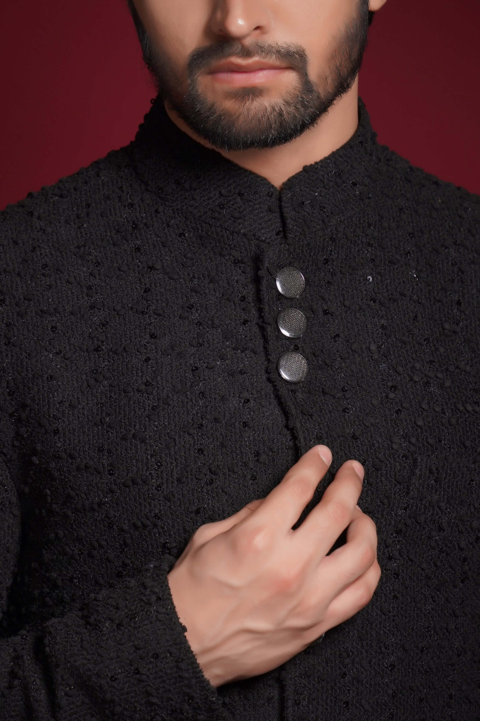 Jet Black Sequined Embroidered Silk-Blend Sherwani (3-Piece) - Image 3