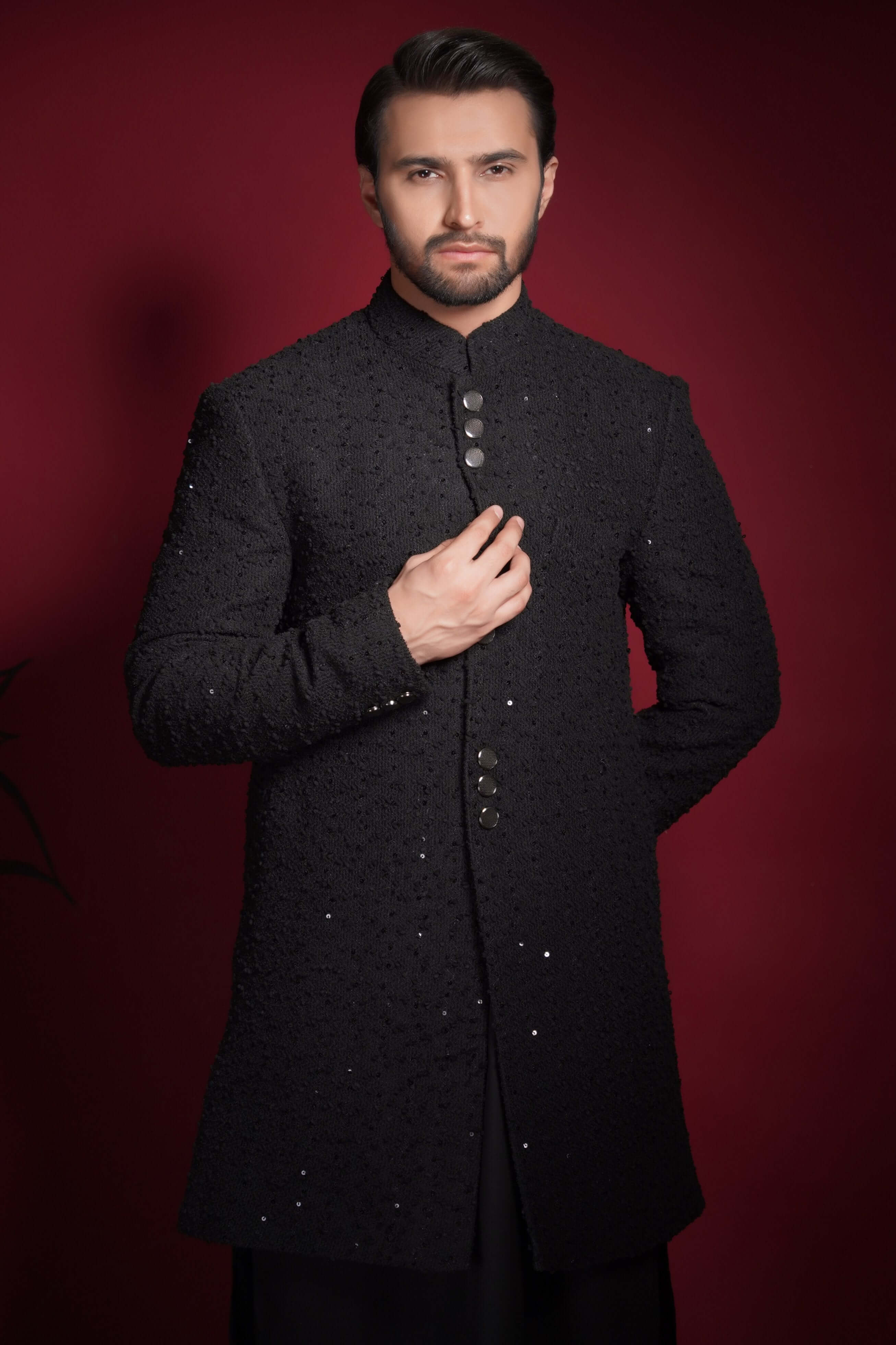 Jet Black Sequined Embroidered Silk-Blend Sherwani (3-Piece) - Image 4