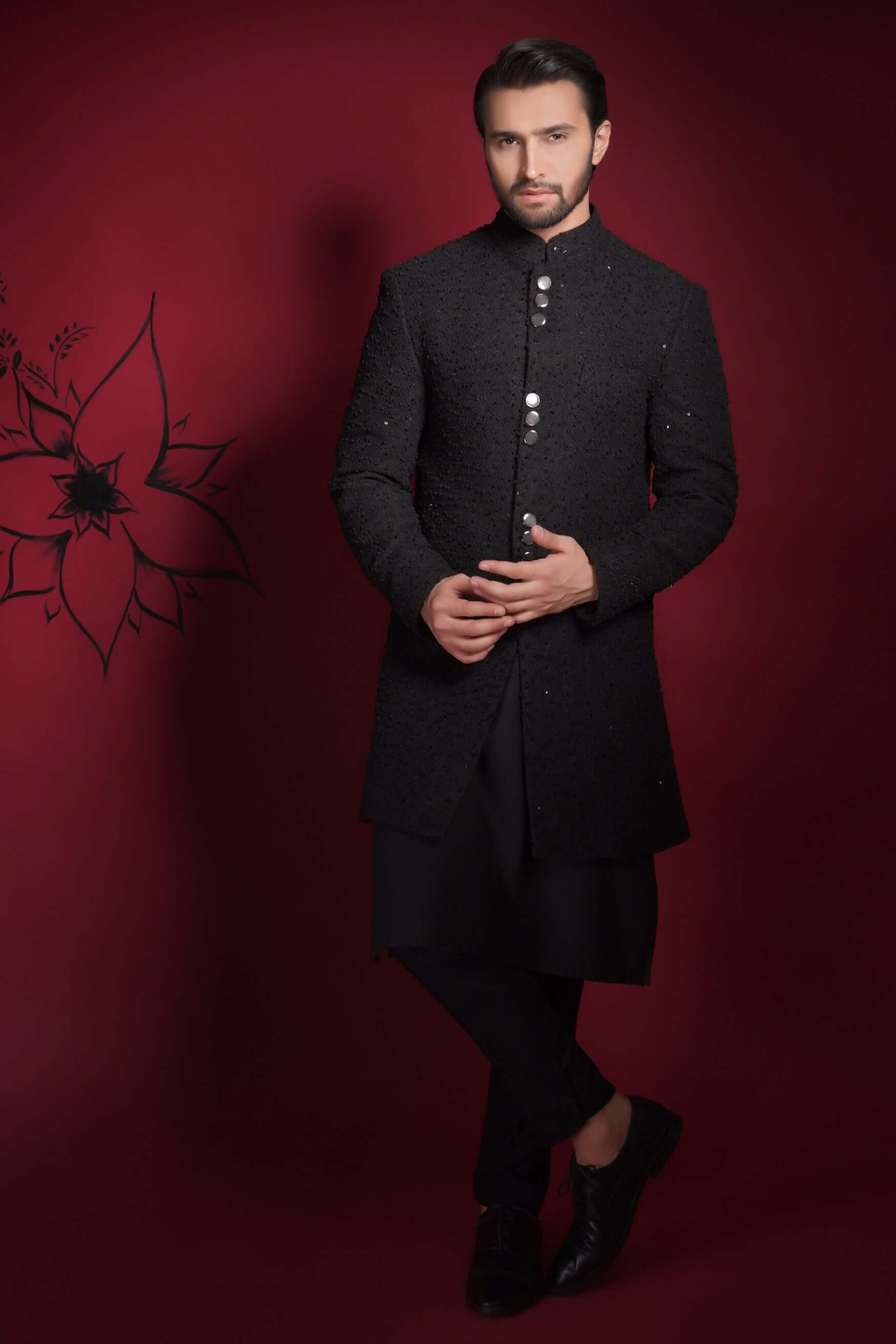 Jet Black Sequined Embroidered Silk-Blend Sherwani (3-Piece) - Image 6