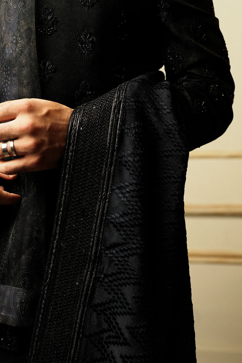 Jet Black Embroidered Silk-Blend Achkan Sherwani (3-Piece) - Image 2