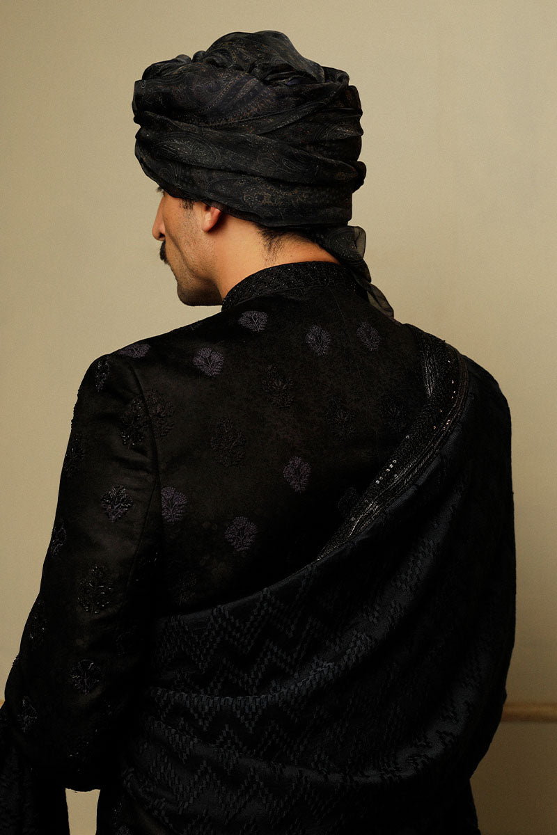 Jet Black Embroidered Silk-Blend Achkan Sherwani (3-Piece) - Image 3