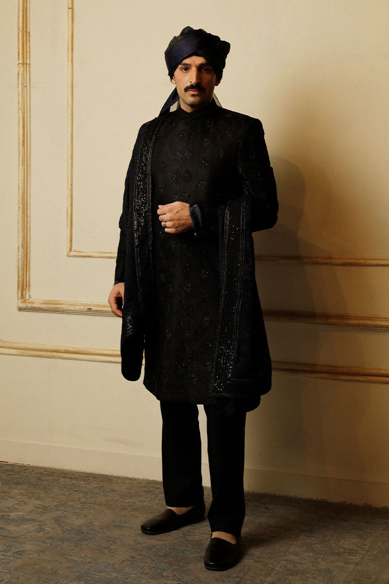 Jet Black Embroidered Silk-Blend Achkan Sherwani (3-Piece) - Image 4