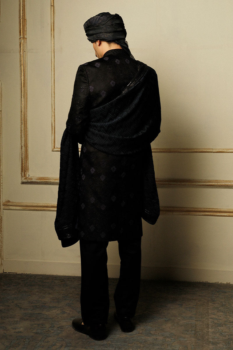 Jet Black Embroidered Silk-Blend Achkan Sherwani (3-Piece) - Image 5